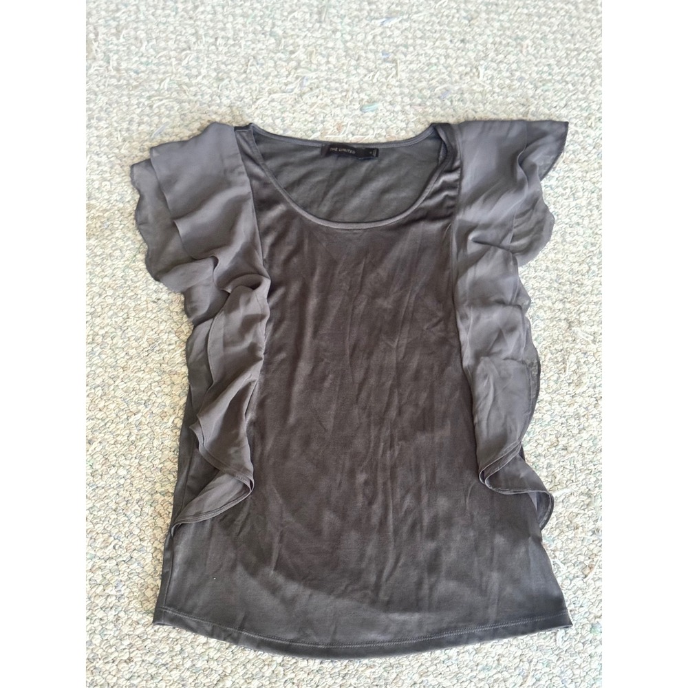 The Limited Womens Gray Ruffle Short Sleeve Chiffon Trim Blouse Top Small